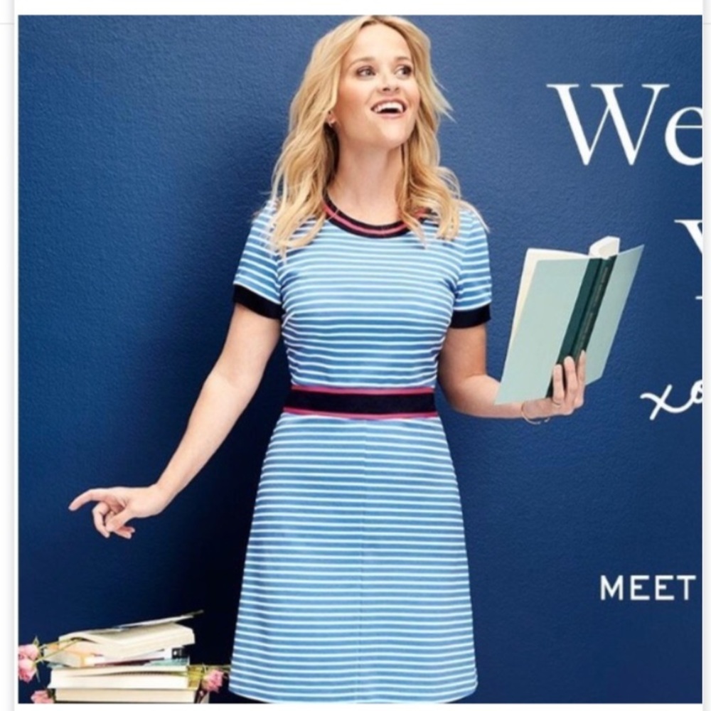 DRAPER JAMES PERSLEY PONTE KNIT BLUE STRIPED DRESS SIZE LARGE HOT PINK
